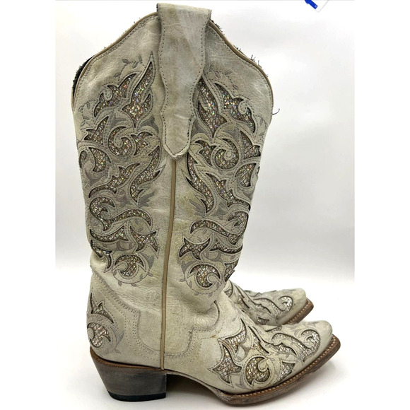 J.B. Dillon Ivory Silver Inlay Leather Cowgirl Boots Women’s Size 6B - Picture 1 of 12
